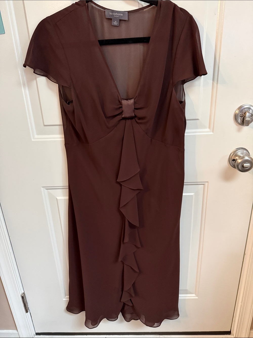 Liz Claiborne Chocolate Brown V-Neck Ruffle-Front Midi Dress